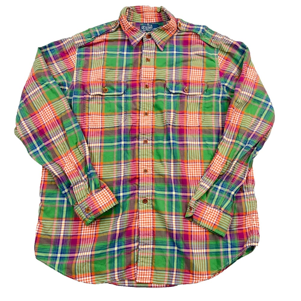 Polo Ralph Lauren Flannel Shirt Men XL Green Orange Button Up Plaid Epaulettes *